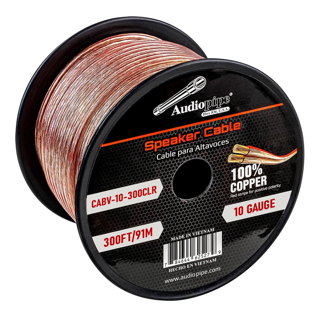 AUDIOPIPEMAP CCA Speaker Wire 10 Gauge 300 Foot Roll with Clear PVC Insulation