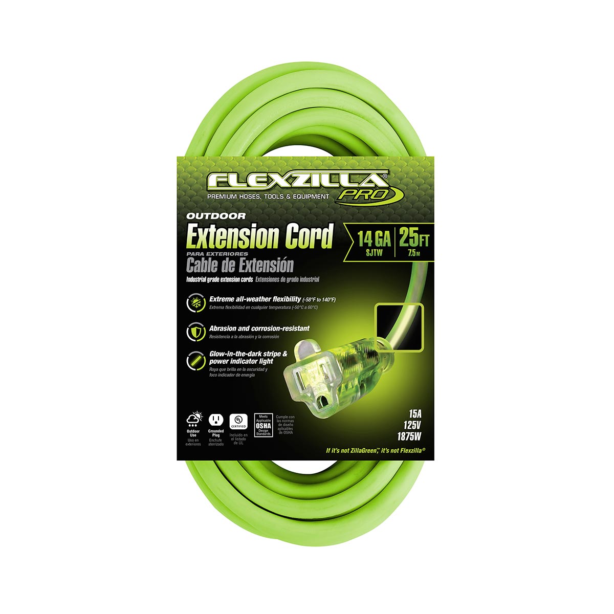 Flexzilla Pro 14/3 AWG SJTW 25-Foot Outdoor Extension Cord with Lighted Plug, ZillaGreen