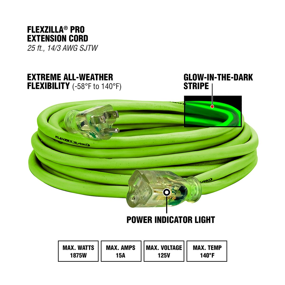Flexzilla Pro 14/3 AWG SJTW 25-Foot Outdoor Extension Cord with Lighted Plug, ZillaGreen