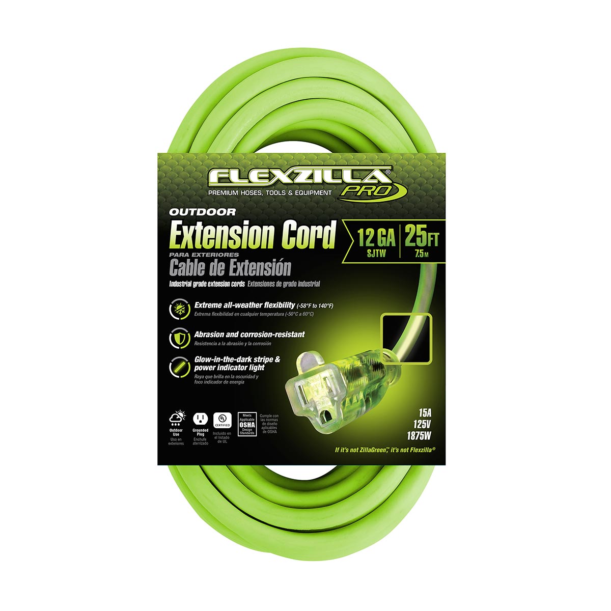 Flexzilla Pro Extension Cord 12/3 AWG SJTW 25 ft. with Outdoor Lighted Plug, ZillaGreen