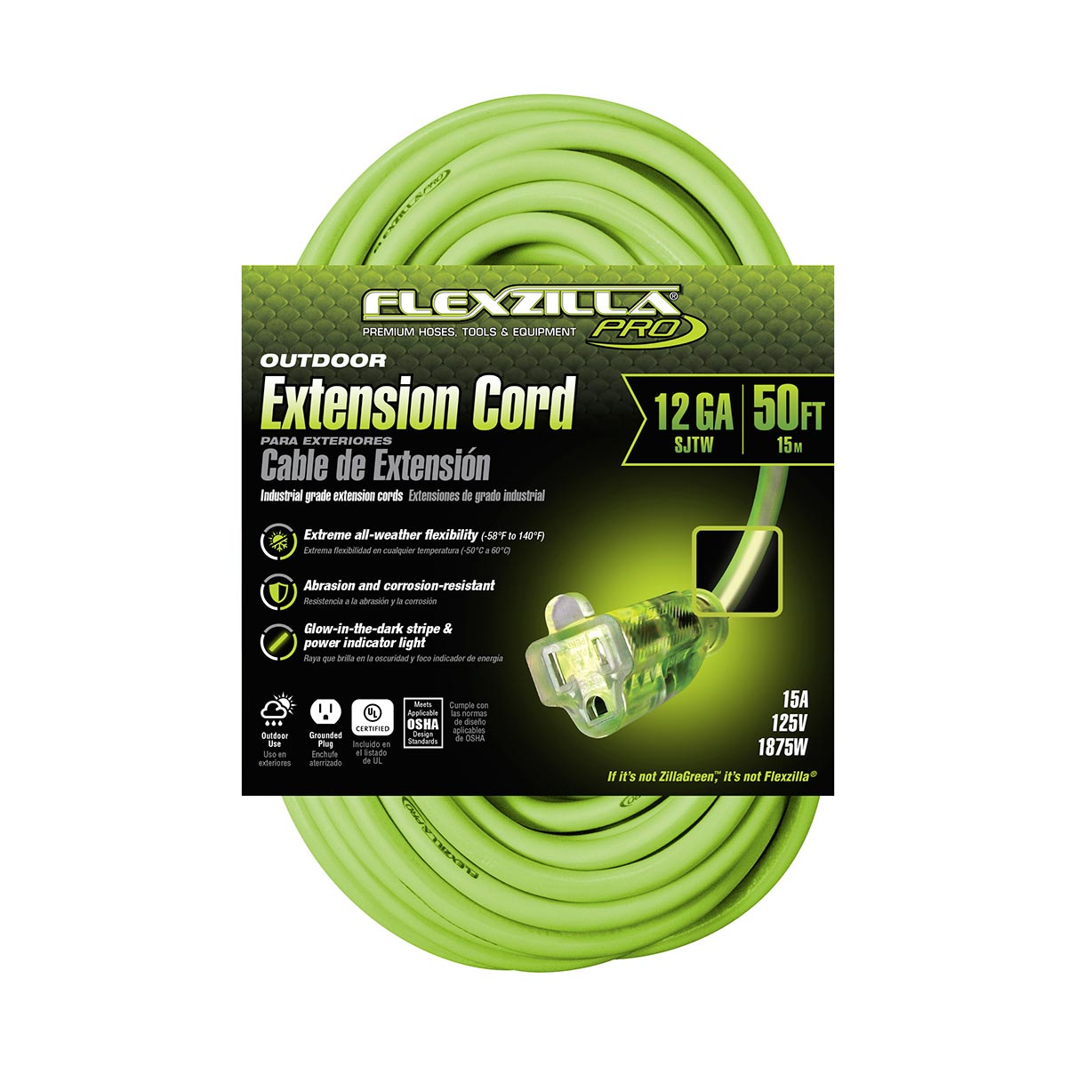 Flexzilla Pro 12/3 AWG SJTW 50-Foot Outdoor Extension Cord with Lighted Plug