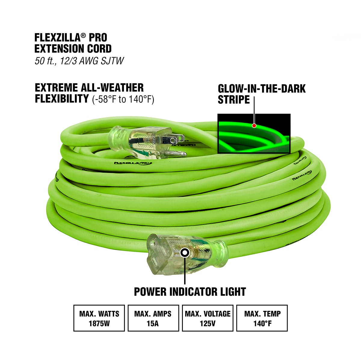 Flexzilla Pro 12/3 AWG SJTW 50-Foot Outdoor Extension Cord with Lighted Plug