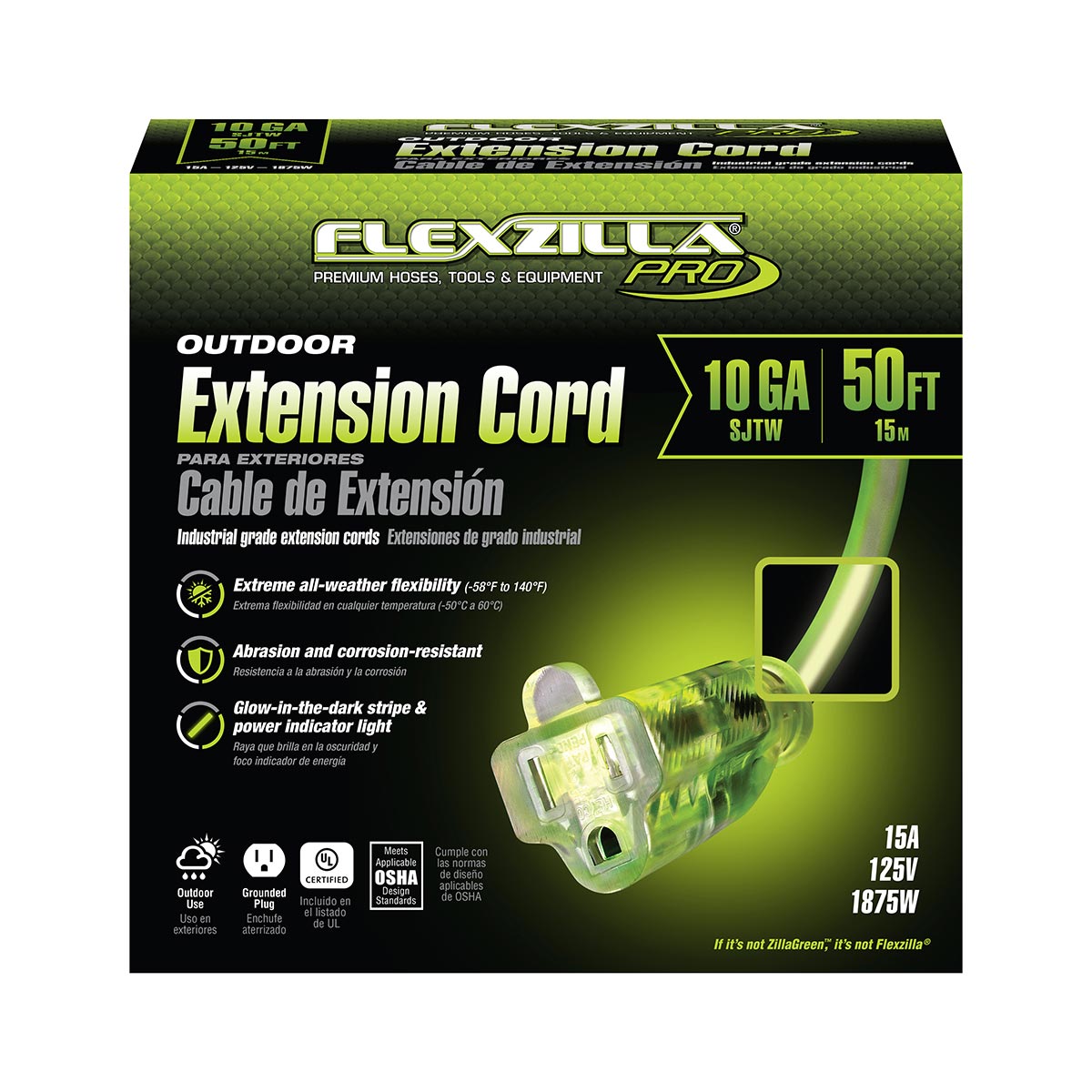 Flexzilla Pro Extension Cord 10/3 AWG SJTW 50 ft with Outdoor Lighted Plug, ZillaGreen