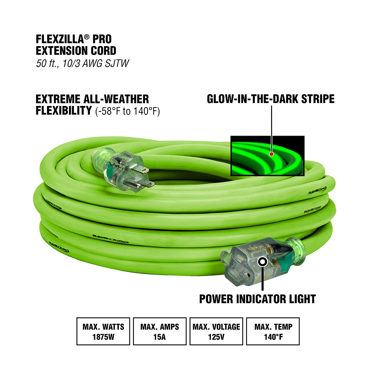 Flexzilla Pro Extension Cord 10/3 AWG SJTW 50 ft with Outdoor Lighted Plug, ZillaGreen