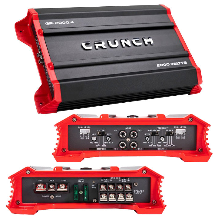 Crunch Ground Pounder 4-Channel Car Amplifier – Model GP20004, 4 x 250W @ 4 Ohms, 4 x 500W @ 2 Ohms, 2 x 1000W Bridged