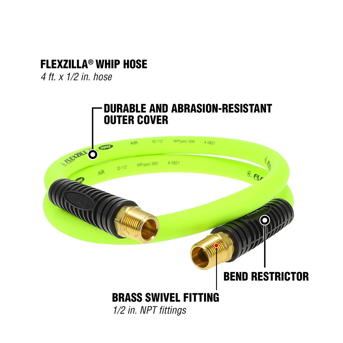 Flexzilla HFZ1204YW4S Whip Hose with Swivel, 1/2-Inch x 4-Foot
