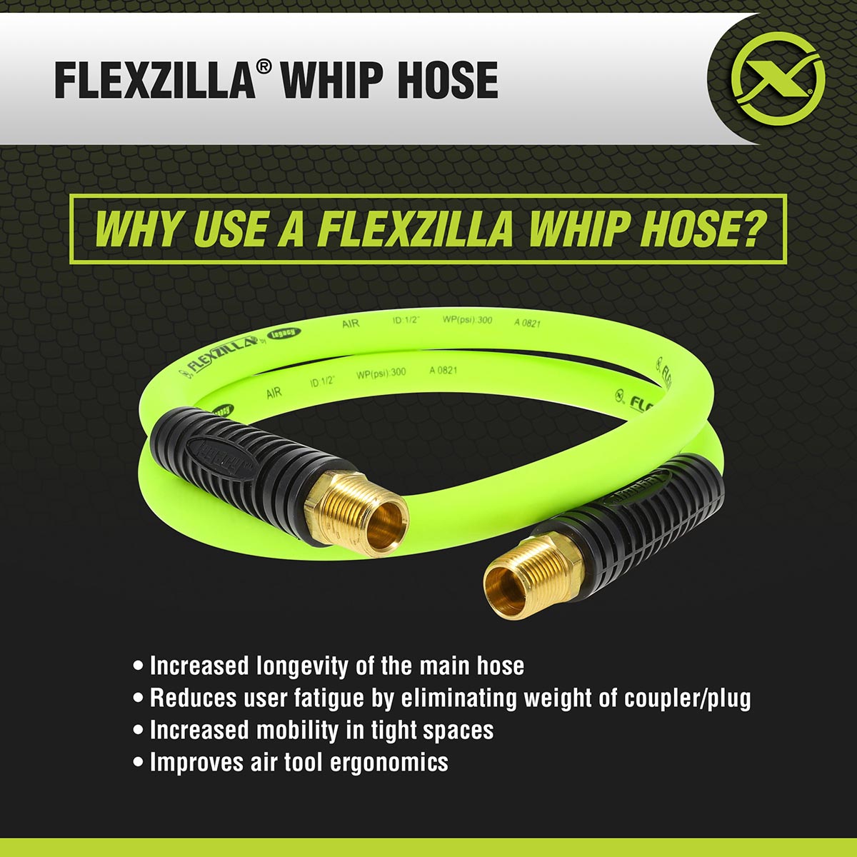 Flexzilla HFZ1204YW4S Whip Hose with Swivel, 1/2-Inch x 4-Foot