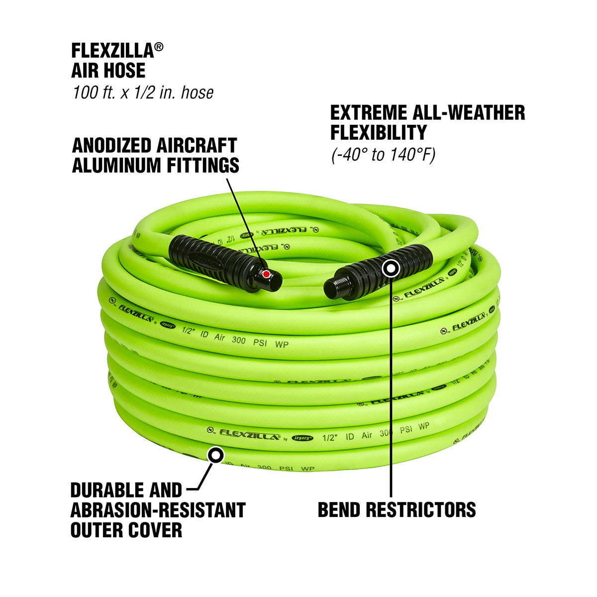 Flexzilla HFZ12100YW4 Heavy-Duty Lightweight Air Hose, 1/2 in. x 100 ft. with 1/2 in. MNPT Fittings