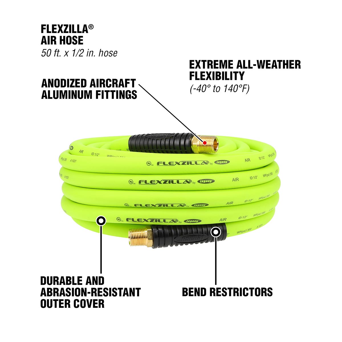 Flexzilla Heavy-Duty Lightweight Air Hose, 1/2 in. x 50 ft. with 1/2 in. MNPT Fittings