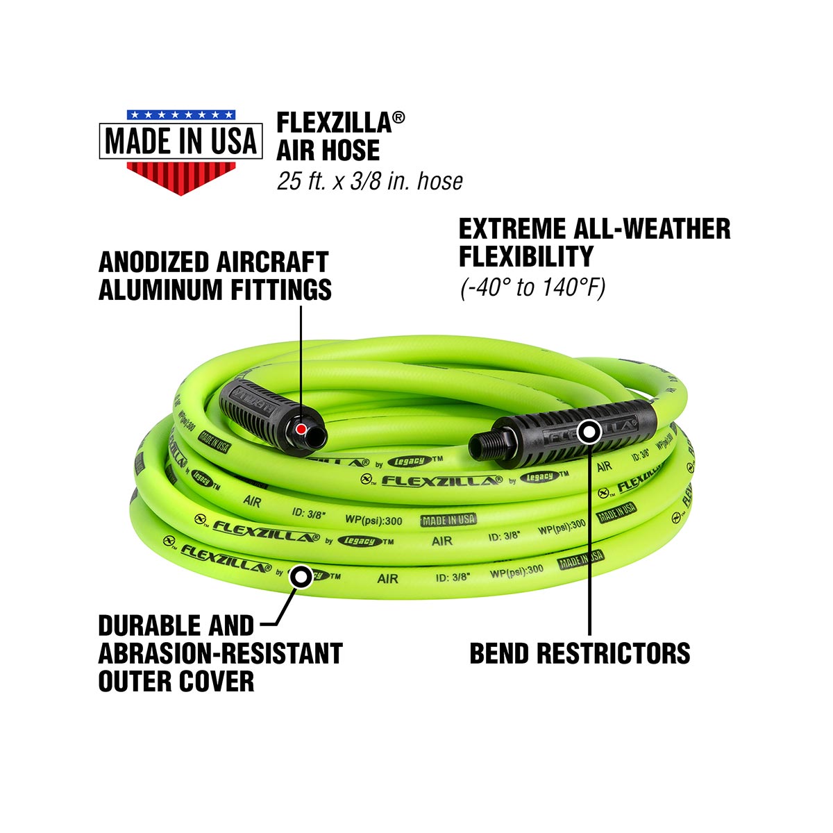 Flexzilla Heavy-Duty Lightweight Air Hose 3/8 in. x 25 ft. - HFZ3825YW2