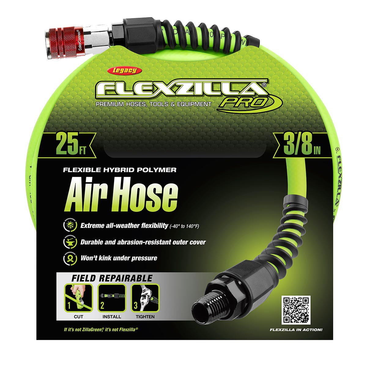 Flexzilla HFZP3825YW2D Heavy-Duty Lightweight Air Hose, 3/8 in. x 25 ft., Red, with ColorConnex Coupler and Plug