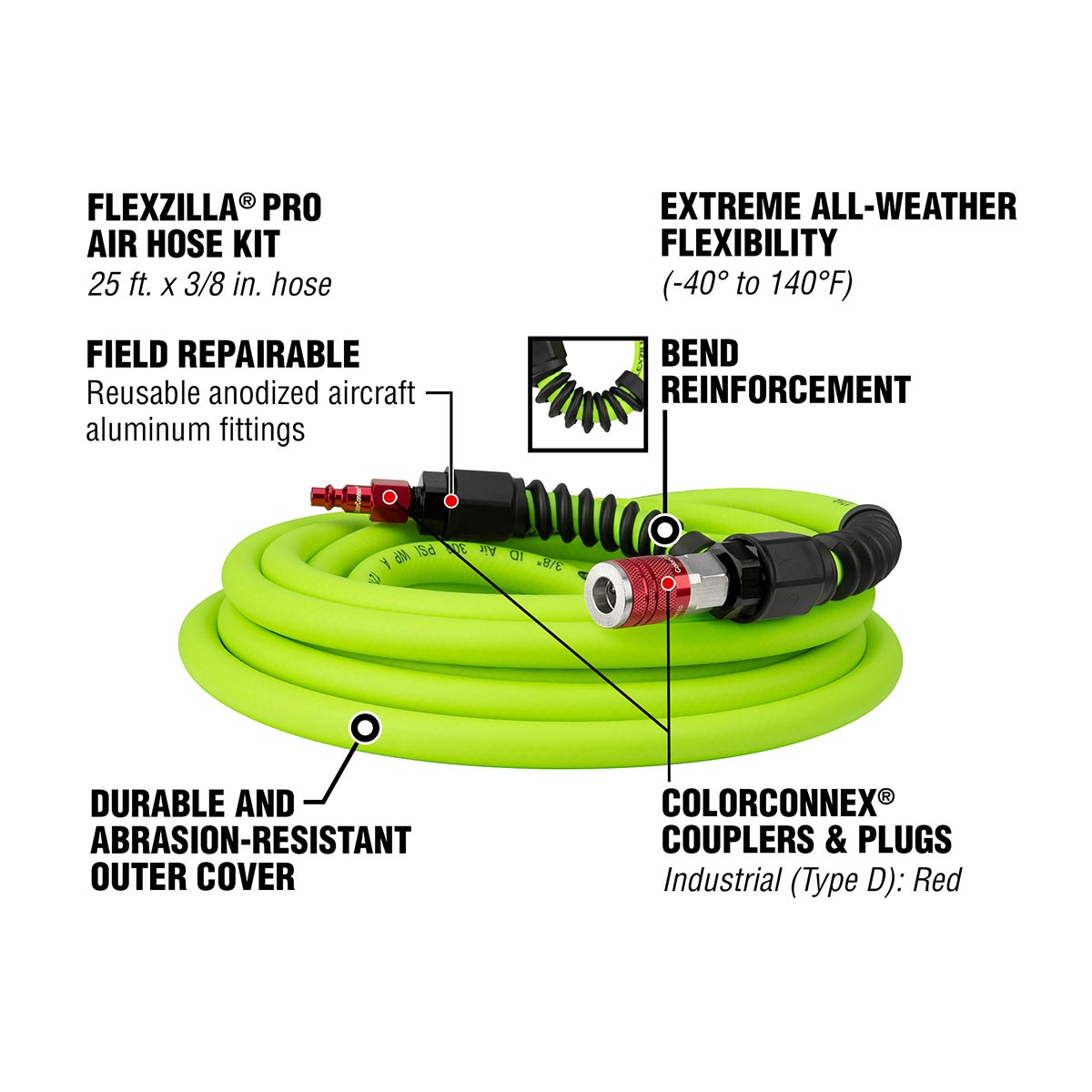Flexzilla HFZP3825YW2D Heavy-Duty Lightweight Air Hose, 3/8 in. x 25 ft., Red, with ColorConnex Coupler and Plug