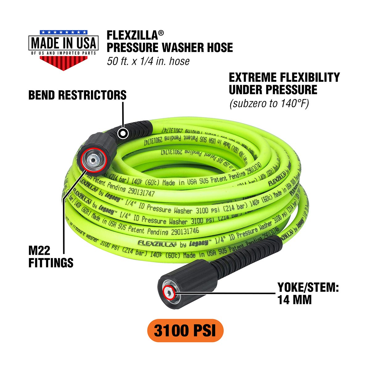 Flexzilla Pressure Washer Hose 1/4 in. x 50 ft. with M22 Fittings