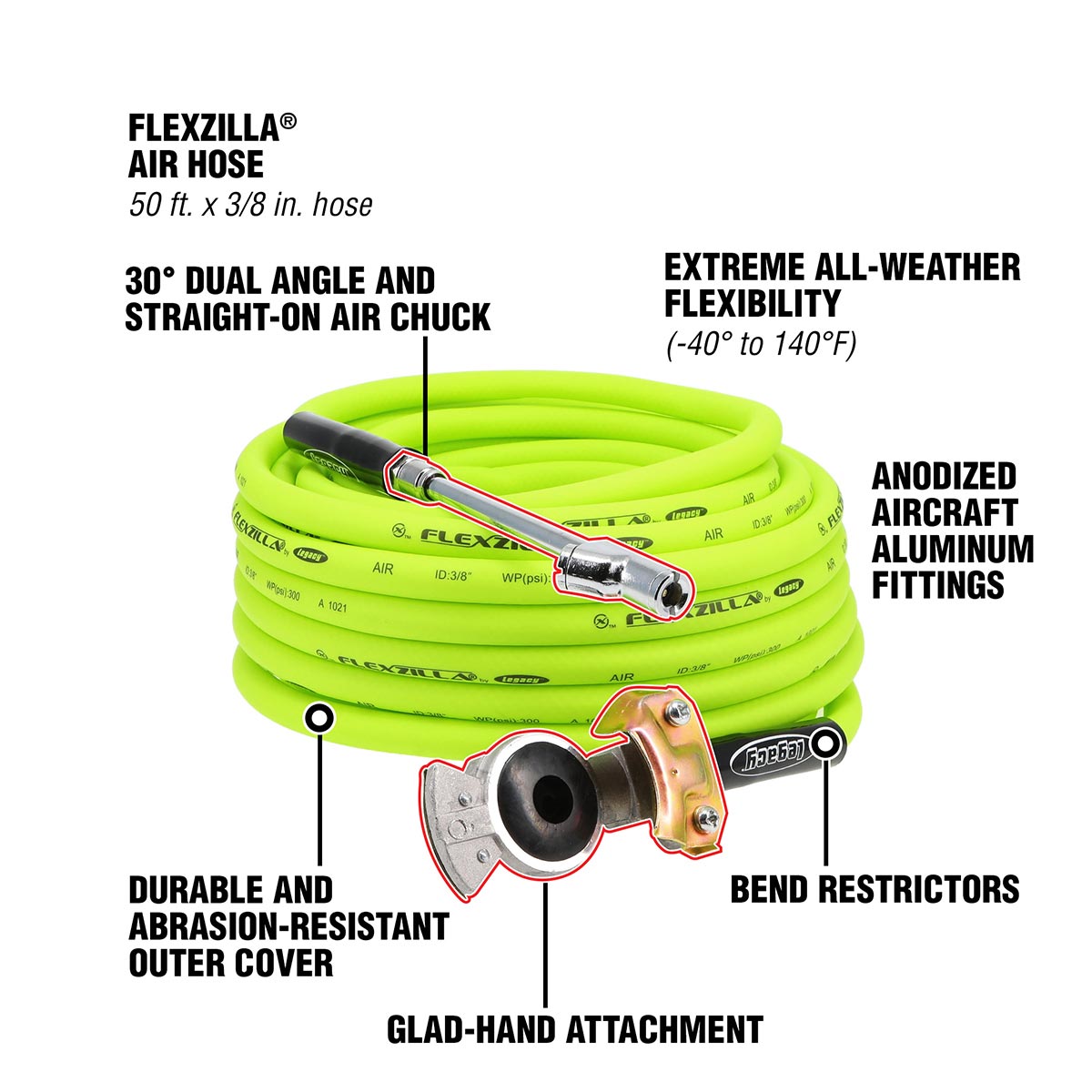 Flexzilla HGH2FZ Heavy-Duty Lightweight Truck Tire Inflator Kit with 3/8-Inch x 50-Foot Hose