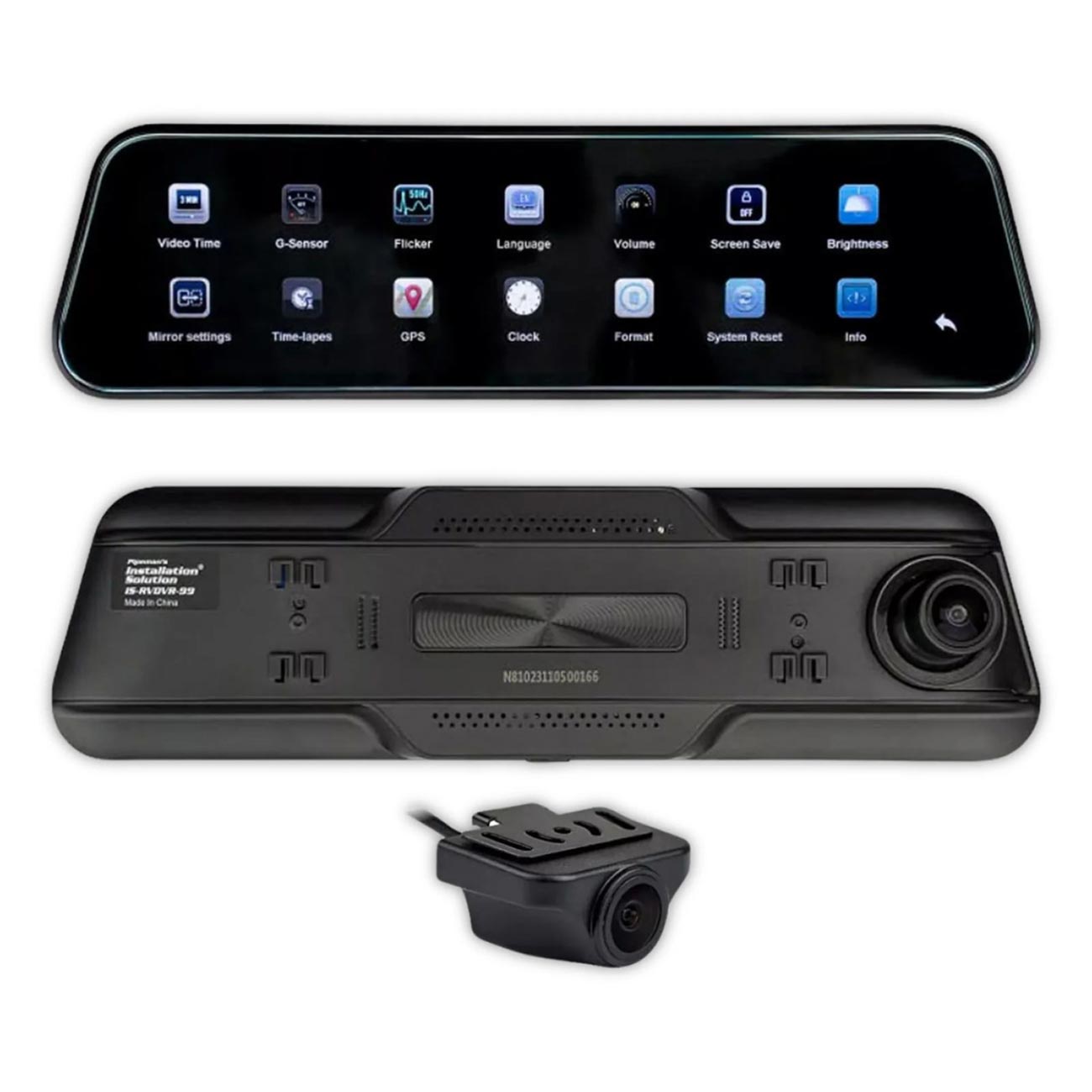 Nippon Installation Solution Mirror with Front and Rear View Camera, 9.66-Inch Monitor, and DVR – Model ISRVDVR99
