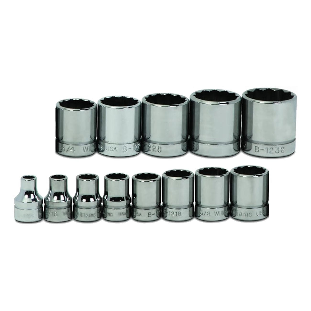 Williams JHWWSB13RC 3/8-Inch Drive Shallow SAE 12-Point Socket Set with Clip Rail, 13-Piece
