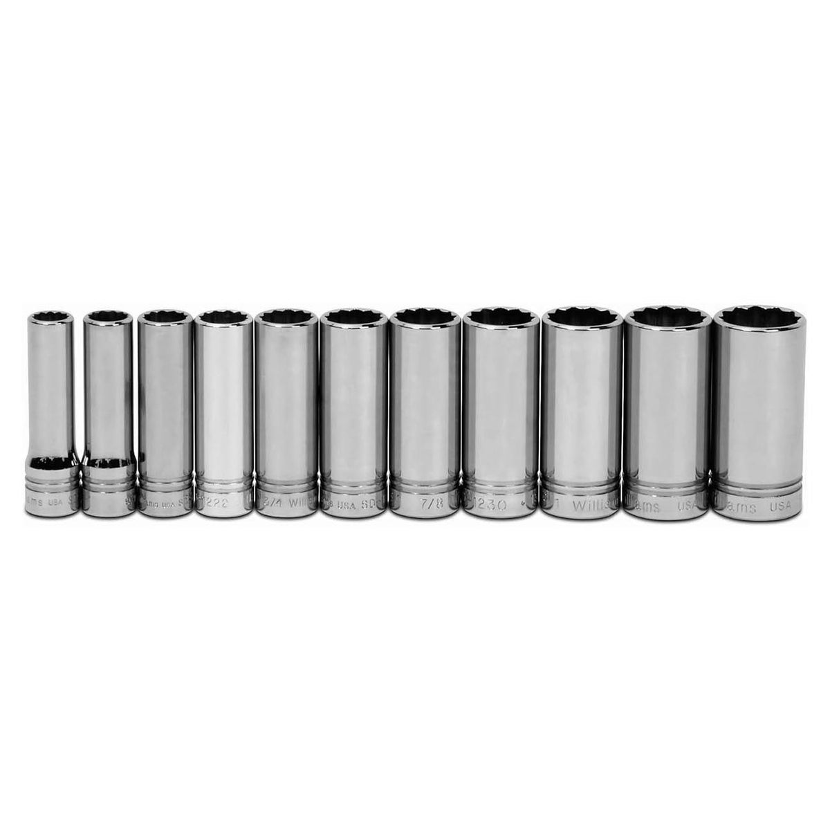 Williams JHWWSSD11RC 1/2-Inch Drive Deep SAE 12-Point Socket Set with Clip Rail, 11-Piece