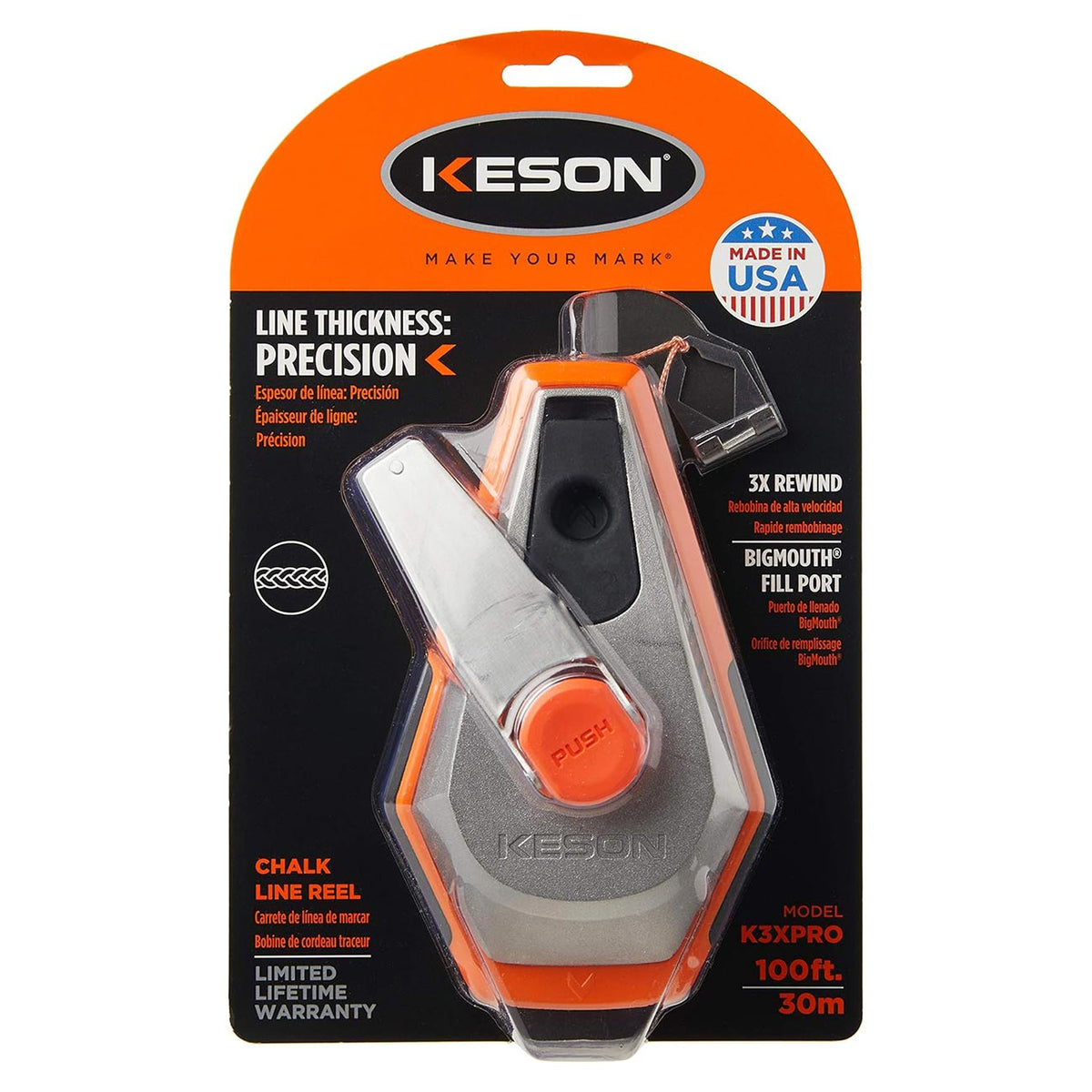 Keson K3XPRO Chalk Line Reel with 3X Rewind, 100-Foot Line