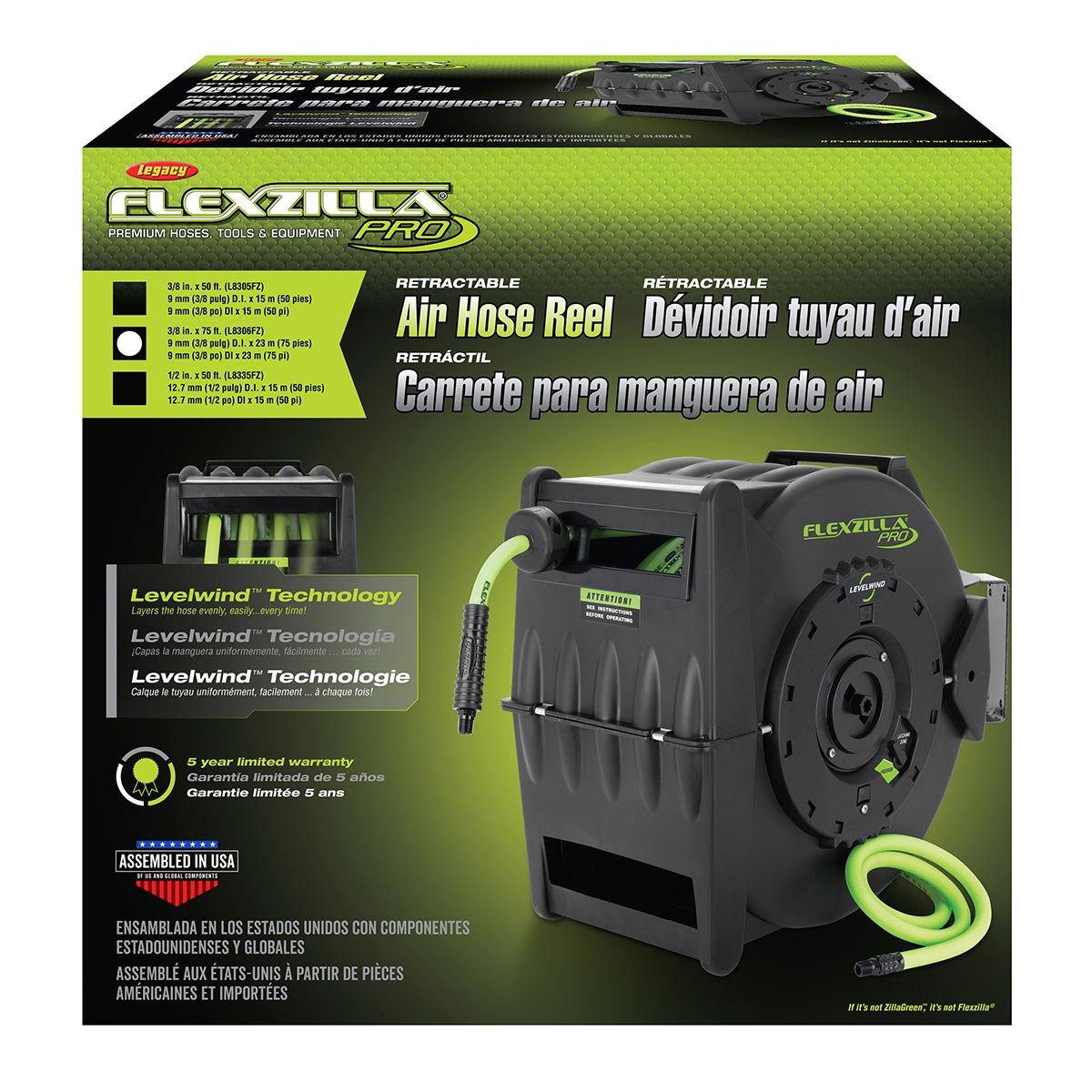 Flexzilla L8306FZ Retractable Air Hose Reel with Levelwind Technology, 3/8 in. x 75 ft.