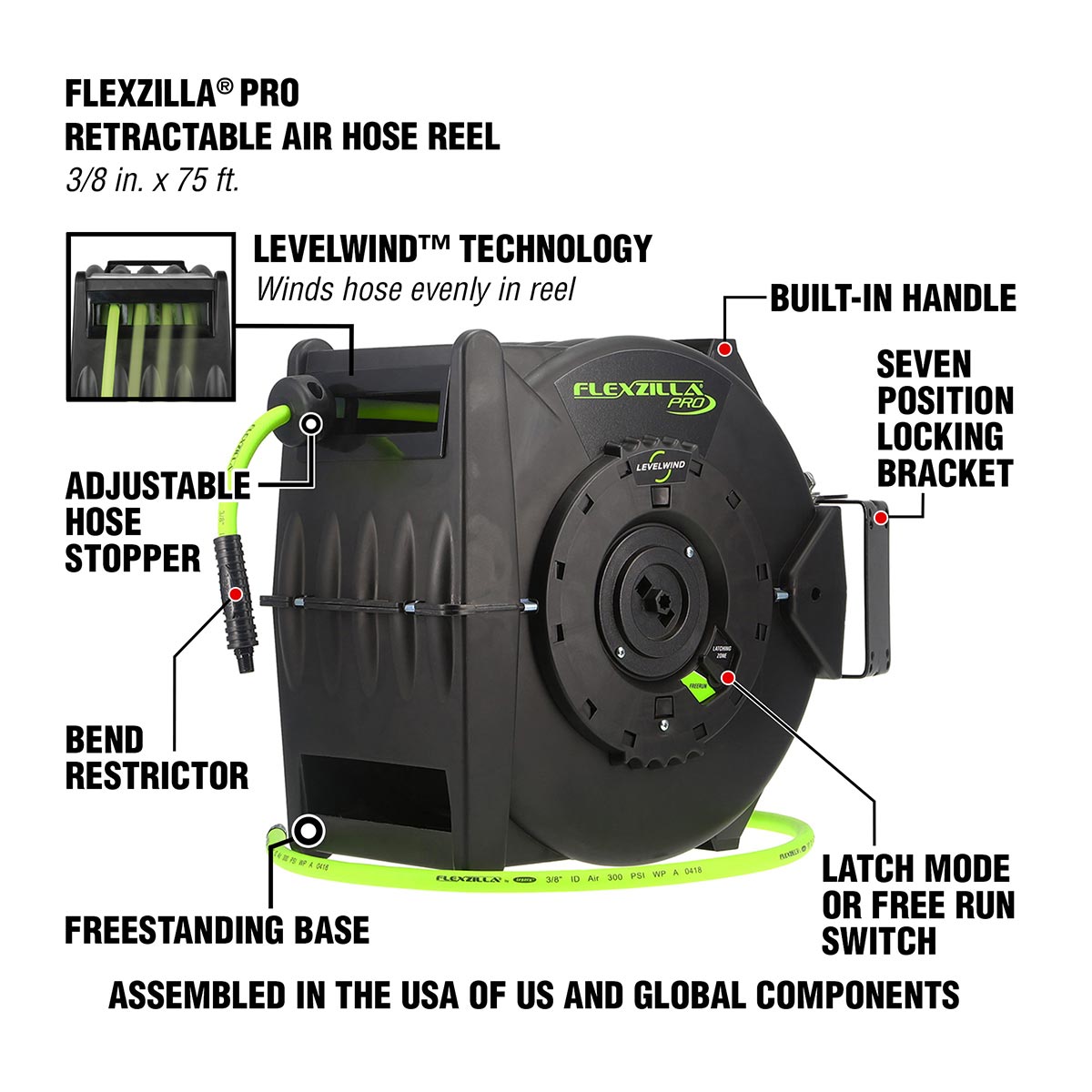 Flexzilla L8306FZ Retractable Air Hose Reel with Levelwind Technology, 3/8 in. x 75 ft.