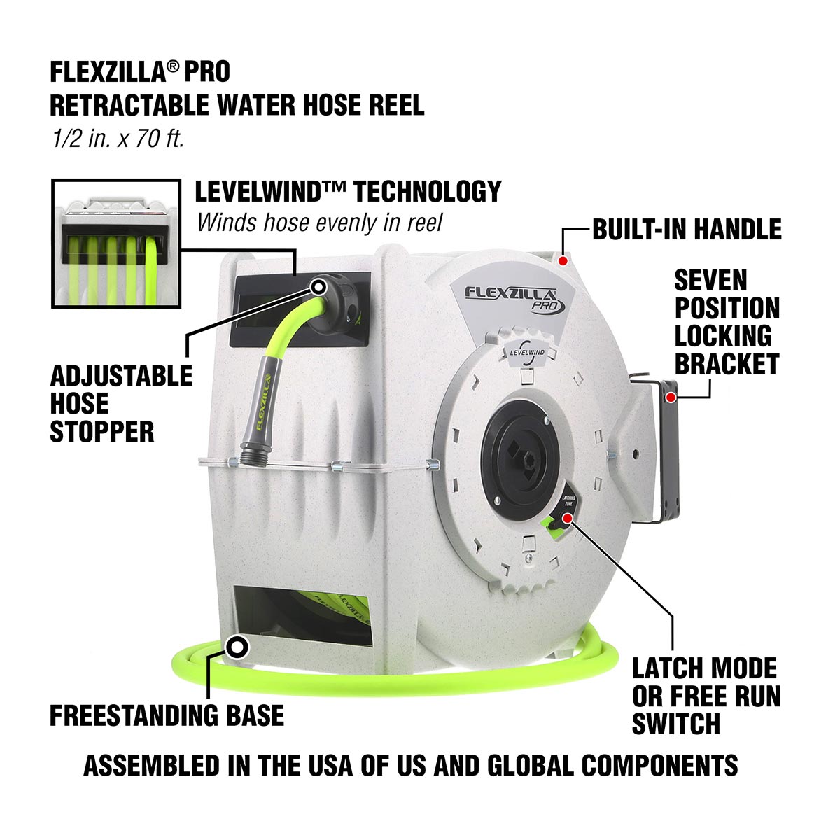 Flexzilla L8340FZ Retractable Water Hose Reel with Levelwind Technology, 1/2 in. x 70 ft.