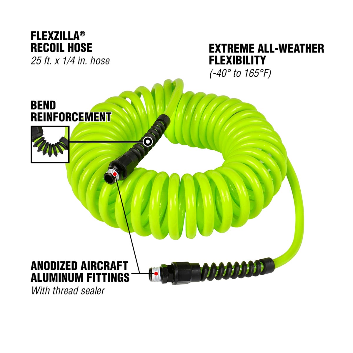 Flexzilla LP1425AFZ 1/4-Inch x 25-Foot Polyurethane Recoil Air Hose with 1/4-Inch MNPT Fittings