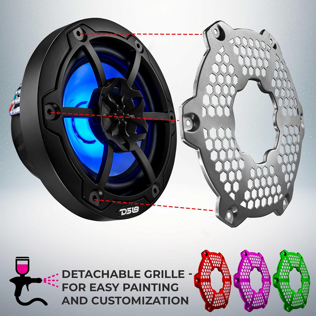 DS18 HYDRO 6.5-inch 2-Way Marine Speakers with RGB LED Lights, 300 Watts - Black (Pair)