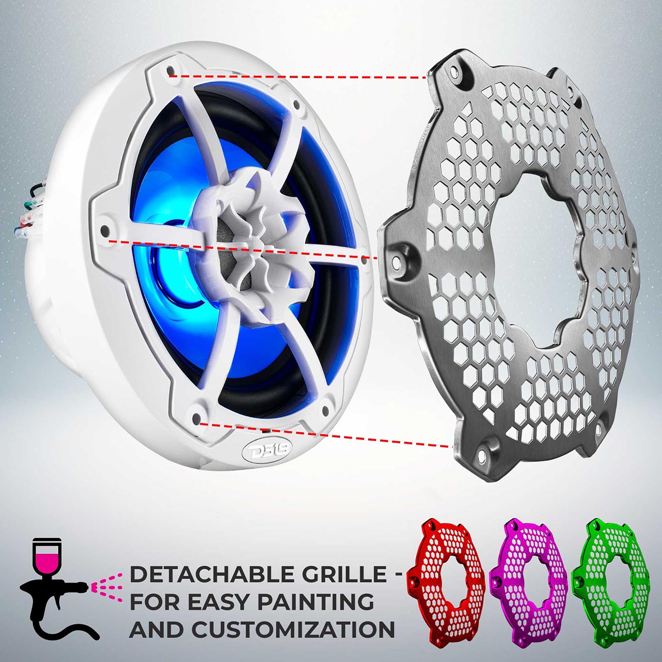 DS18 Hydro 6.5-inch 2-Way Marine Speakers with RGB LED Lighting, 300 Watts - White (Pair)