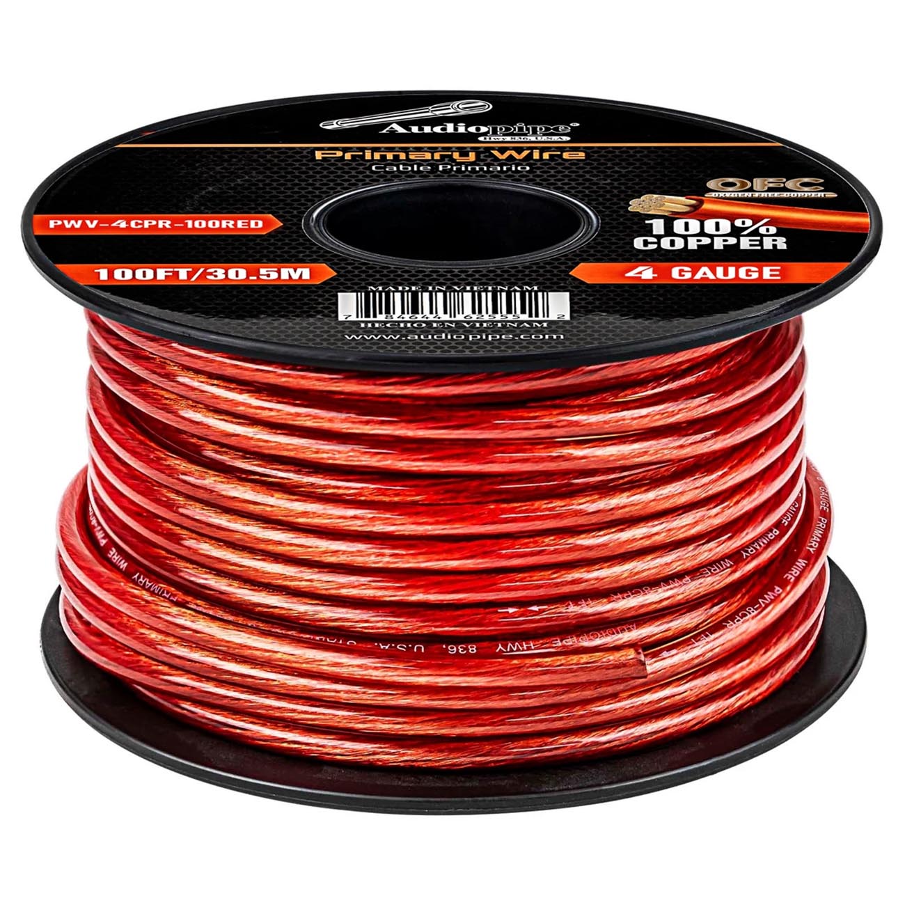 AUDIOPIPEMAP PWV4CPR100RED Audiopipe 100% Copper 4-Gauge 100 Foot Power Cable - Red