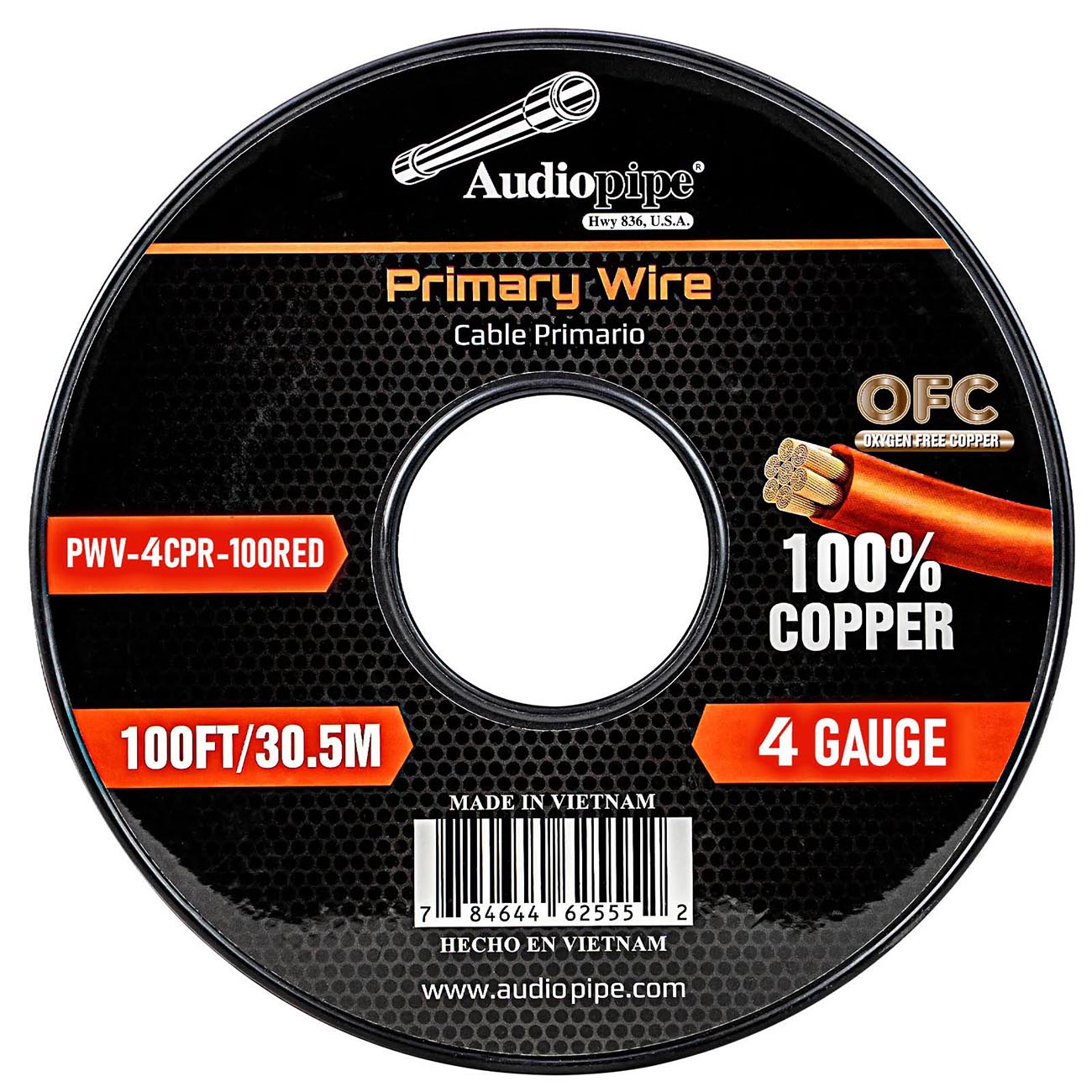 AUDIOPIPEMAP PWV4CPR100RED Audiopipe 100% Copper 4-Gauge 100 Foot Power Cable - Red