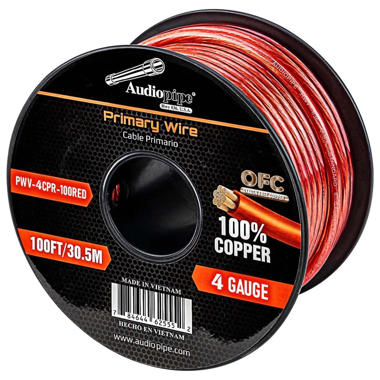 AUDIOPIPEMAP PWV4CPR100RED Audiopipe 100% Copper 4-Gauge 100 Foot Power Cable - Red