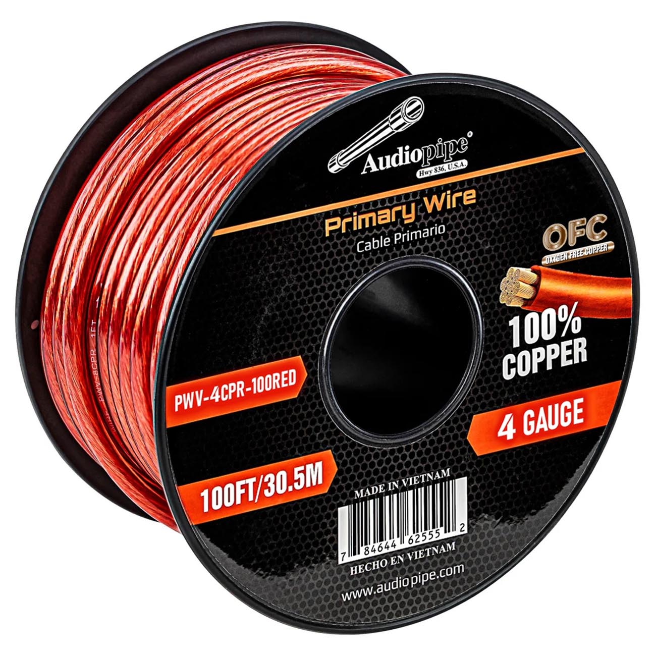 AUDIOPIPEMAP PWV4CPR100RED Audiopipe 100% Copper 4-Gauge 100 Foot Power Cable - Red