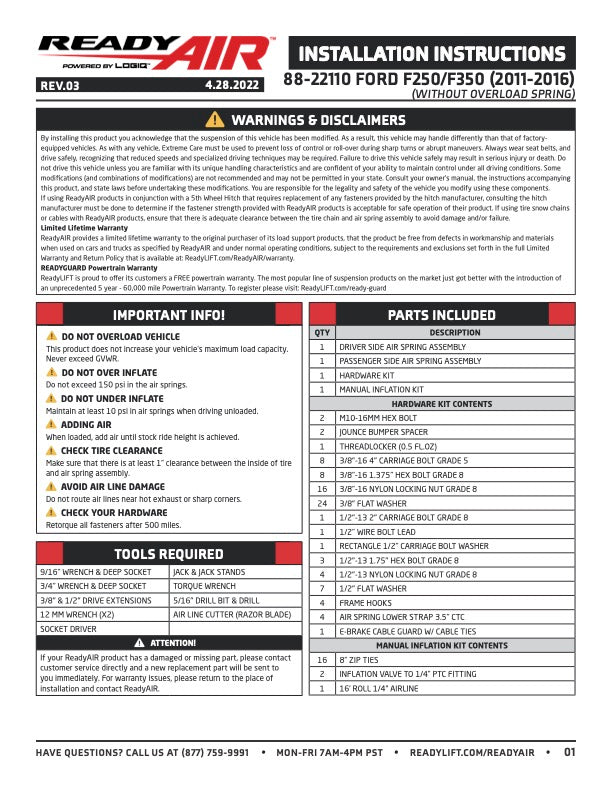 Ready Air - FORD F250 11-16 LOAD LEV (NO/OL) - 88-22110
