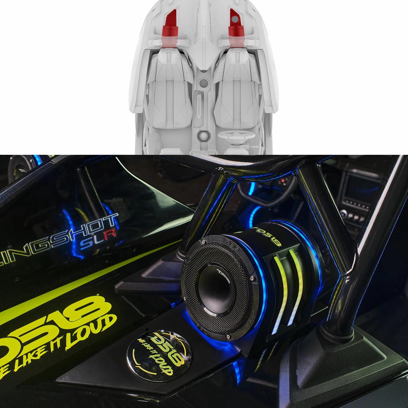 DS18 Polaris Slingshot Headrest Enclosure with 6.5-inch Speakers and LED Lighting - Model SLGHD6V2