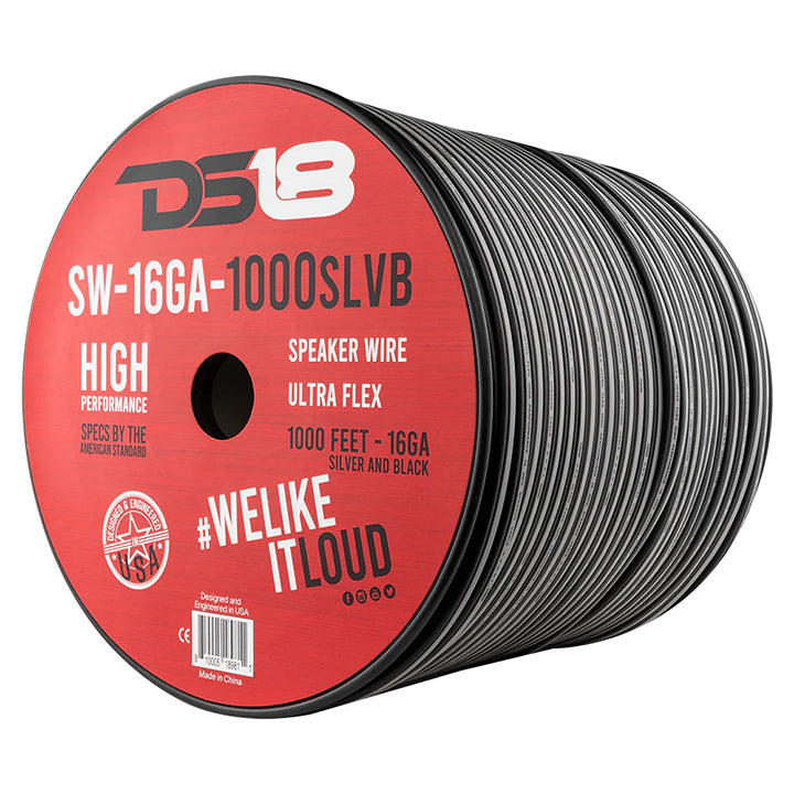 DS18 Ultra Flex CCA Speaker Wire 16 Gauge, 1000 Feet - Silver and Black