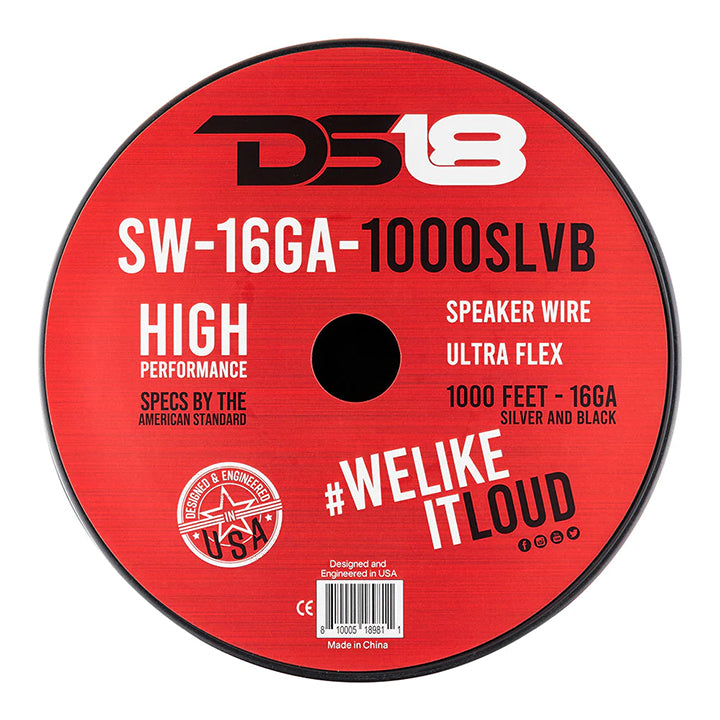DS18 Ultra Flex CCA Speaker Wire 16 Gauge, 1000 Feet - Silver and Black