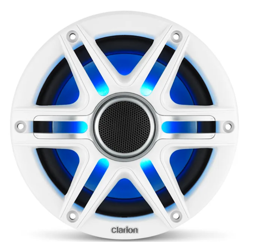 Clarion #010-03049-00 Pair 7.7-inch Marine Coaxial Speakers with 1-inch (25mm) Silk Dome Tweeters. Built-in RGB LED lighting