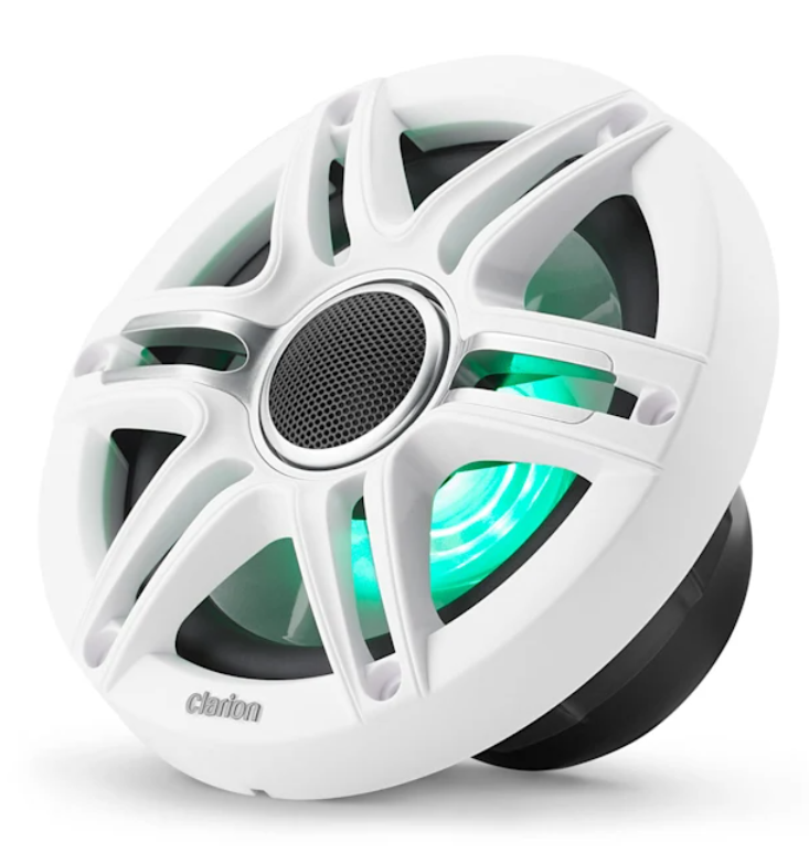 Clarion #010-03049-00 Pair 7.7-inch Marine Coaxial Speakers with 1-inch (25mm) Silk Dome Tweeters. Built-in RGB LED lighting