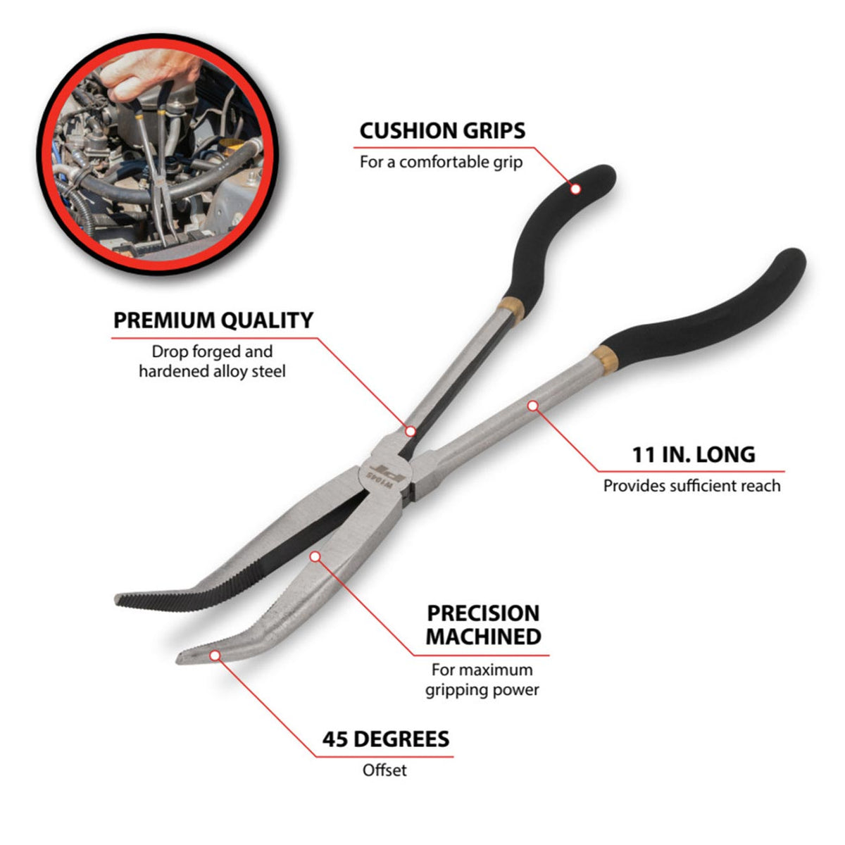 Performance Tool W1045 11-Inch Long-Handle 45-Degree Bent-Nose Pliers
