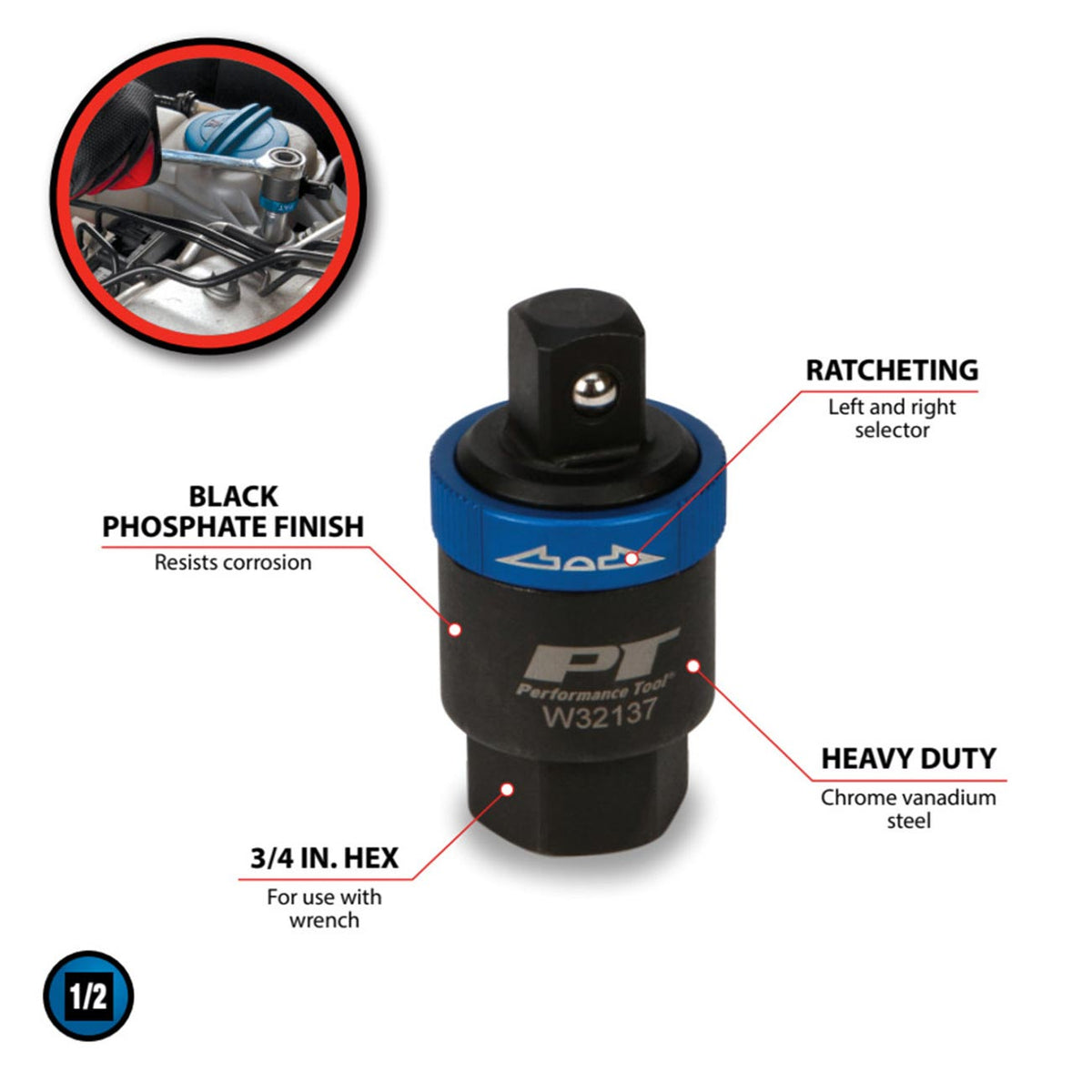 Performance Tool W32137 1/2-Inch Drive Ratcheting Adapter