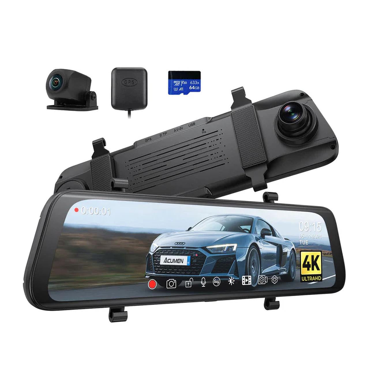 Acumen 10-Inch Rearview Mirror with 4K Front and 2K Rear Cameras and IPS Touchscreen
