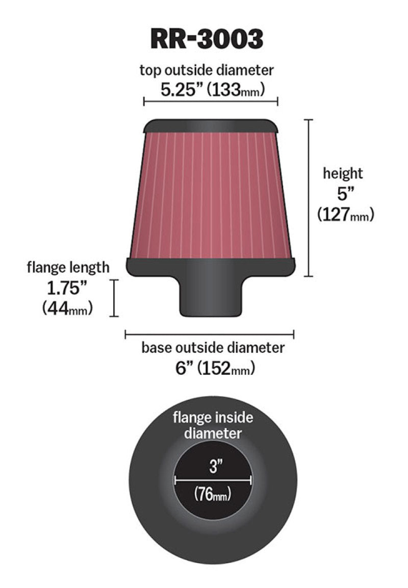 K&N Engineering RR-3003 Inverted Top Universal Air Filter, 3-Inch Flange