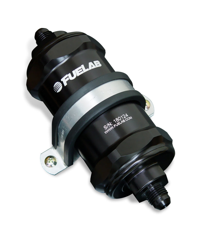 Fuelab - FLB81812-1 - 818 In-Line Fuel Filter, Standard, -8AN Inlet/Outlet, 40 Micron Stainless, Black