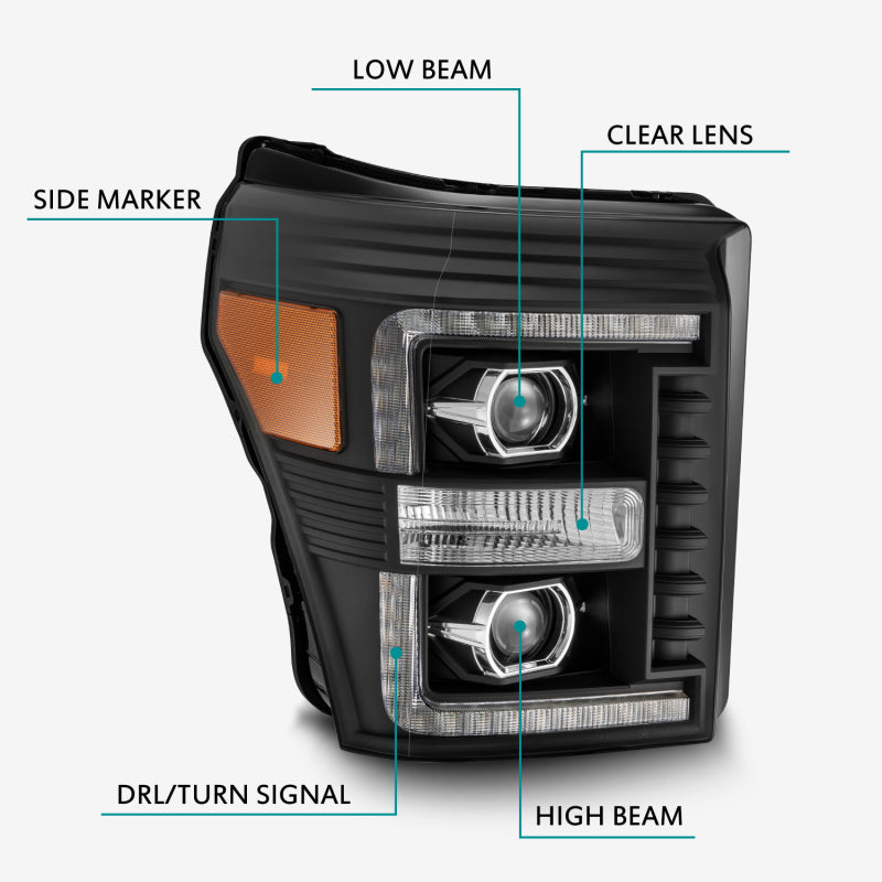 AlphaRex PRO-Series Projector Headlights for 2011-2016 Ford F-250 Super Duty, Plank Style Black, Sequential Signal