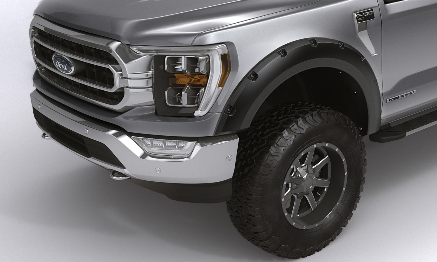 Bushwacker - 28129-08 - Fender Flare -  28129-08 Black Forge Pocket/Rivet Textured Finish 4-Pc Fender Flare Set for 17-22 Ford F-250/350/450 - P/N: 28129-08