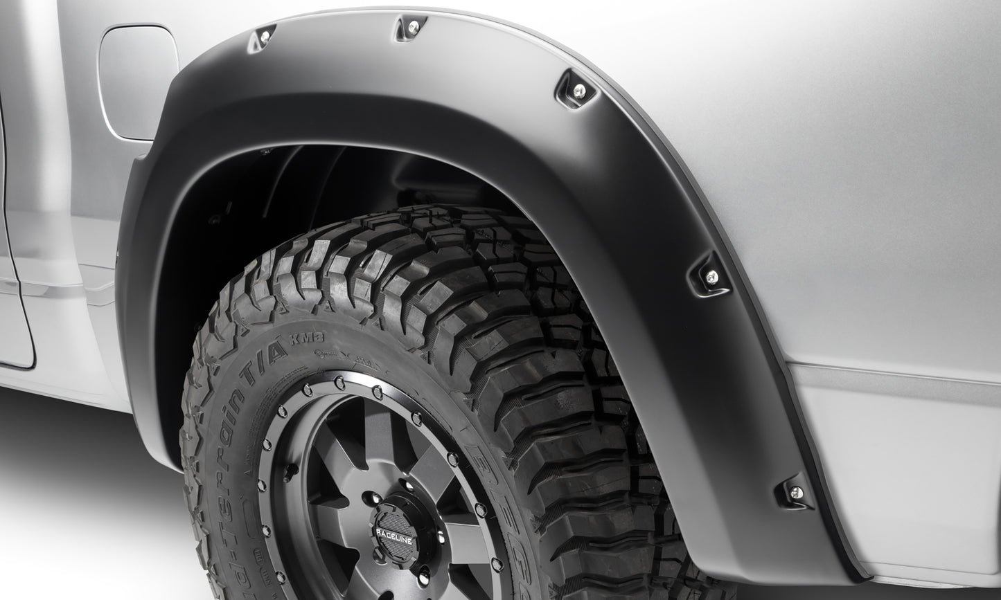 Bushwacker - 50054-02 - Fender Flare -  50054-02 Black Pocket/Rivet Style Smooth Finish Rear Fender Flares for 2019-2022 Ram 1500; Will not fit Rebel and TRX models - P/N: 50054-02