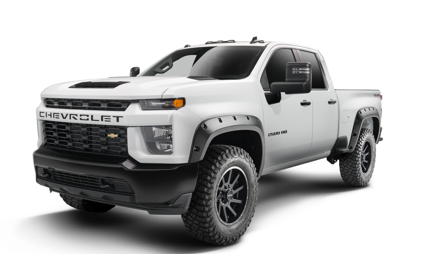 Bushwacker - 48146-08 - Fender Flare -  48146-08 Black Forge Pocket/Rivet Textured Finish 4-Pc Fender Flare Set for 20-22 Chevrolet Silverado 2500/3500 - P/N: 48146-08
