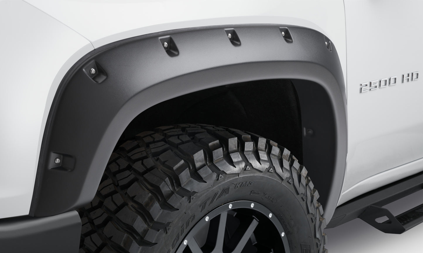 Bushwacker - 48146-08 - Fender Flare -  48146-08 Black Forge Pocket/Rivet Textured Finish 4-Pc Fender Flare Set for 20-22 Chevrolet Silverado 2500/3500 - P/N: 48146-08