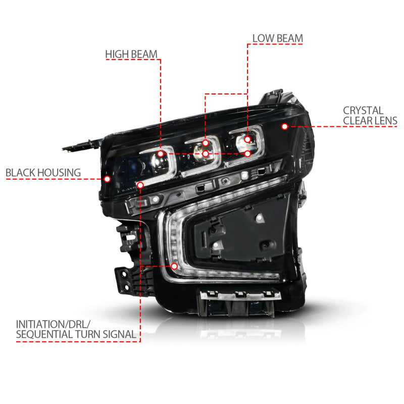 ANZO 21-23 Chevy Tahoe/Suburban LED Light Bar Style Headlights Black w/ Squential DRL (Right Side)