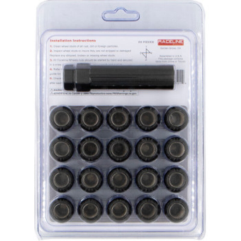 Raceline Spline Lug Nut Kit with Spline Key, 12 x 1.5 Thread, 20-Pack, Black - RLUG-CS25B